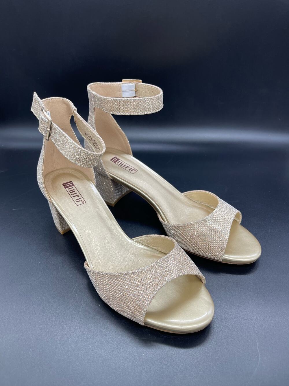 Idifu Gold Low Block Heels Peep Toe Ankle Strap Wedding Shoes Size 9